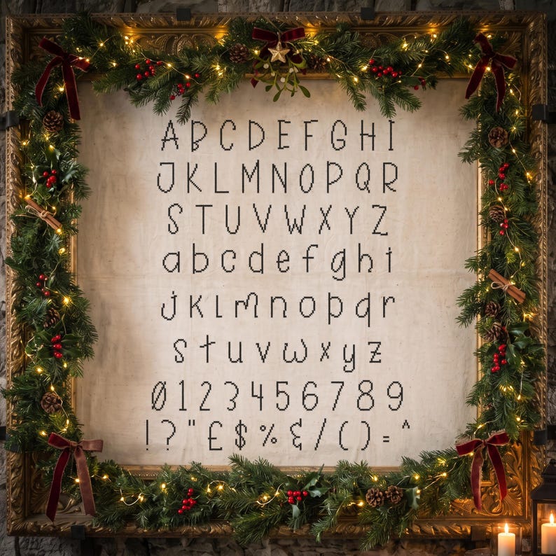 May include: A cross-stitch alphabet pattern on light fabric featuring uppercase and lowercase letters, numbers 0-9, and symbols. The pattern is framed by a decorative gold frame adorned with evergreen branches, red berries, and lights.