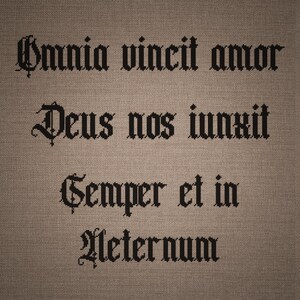 May include: A cross-stitch embroidery piece on brown fabric featuring black text in a gothic font. The text reads: Omnia vincit amor, Deus nos iunxit, Semper et in aeternum. The embroidery is centered and clearly legible against the textured background.