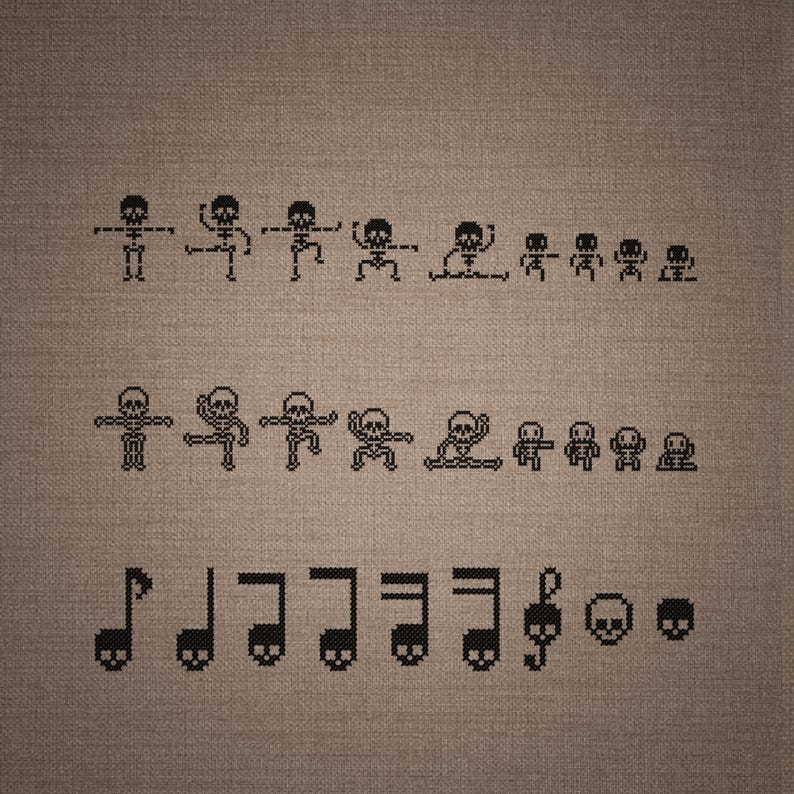 May include: A cross-stitch pattern on brown fabric featuring two rows of black pixelated skeleton figures in various poses, followed by a bottom row of black musical notes with skull heads and two separate skull icons.
