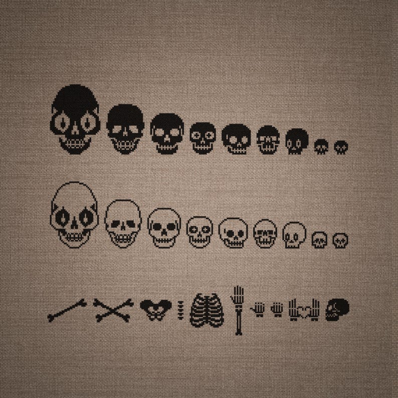 May include: A cross-stitch pattern on brown fabric featuring two horizontal rows of nine skulls in decreasing sizes. The top row is solid black, the middle row is outlined in black, and the bottom row displays various skeletal bones, hands, and a skull.