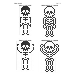 May include: A cross-stitch pattern document titled Danse Macabre, page 1 of 53. It displays four black and white pixelated skeleton designs on a grid: Dancer 1 (11x29 stitches), Dancer 1 outline (13x31 stitches), Dancer 2 (17x29 stitches), and Dancer 2 outline (19x31 stitches).
