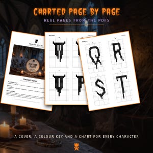 Puede incluir: Un documento digital de patr&oacute;n de punto de cruz titulado Haunted Manor de Crossed Realms. Muestra p&aacute;ginas con letras del alfabeto negras pixeladas sobre una cuadr&iacute;cula blanca, incluyendo M, D, P, Q, R, S y T, con el encabezado Charted Page By Page.