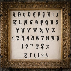 May include: A framed cross-stitch sampler featuring a complete alphabet, numbers zero through nine, and various punctuation marks in a black, dripping, gothic-style font on a light-colored fabric background, enclosed in an ornate gold frame.