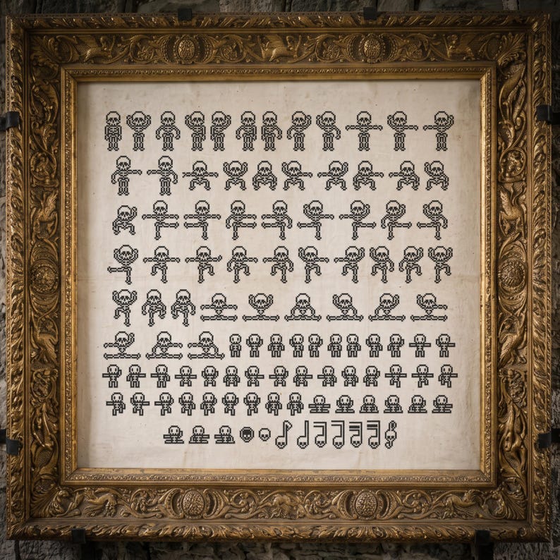 May include: A square, ornate gold frame containing a white fabric panel embroidered with numerous small, black, pixelated skeleton figures in various poses, arranged in rows, ending with musical note symbols featuring skull heads.