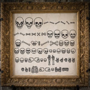 May include: A cross-stitch pattern featuring a collection of black pixelated skulls, bones, and skeletal hand gestures arranged in rows on a light fabric background, all enclosed within an ornate, rectangular gold-colored frame.