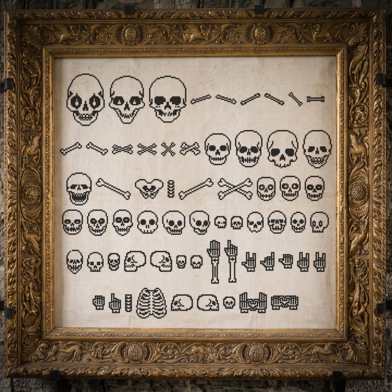 May include: A cross-stitch pattern featuring a collection of black pixelated skulls, bones, and skeletal hand gestures arranged in rows on a light fabric background, all enclosed within an ornate, rectangular gold-colored frame.