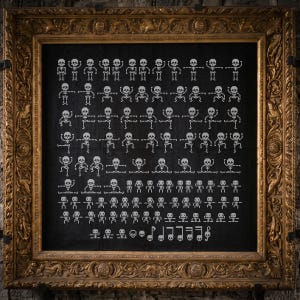 May include: A black fabric piece featuring a white cross-stitched grid of numerous small skeletons in various poses, framed in an ornate, antique-style gold frame with intricate relief carvings and a rectangular border.