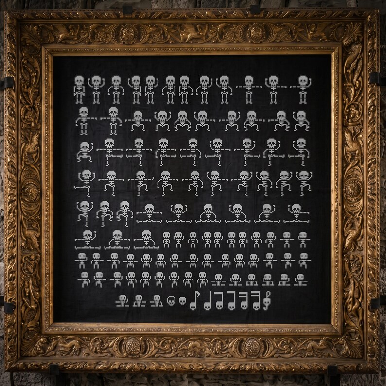 May include: A black fabric piece featuring a white cross-stitched grid of numerous small skeletons in various poses, framed in an ornate, antique-style gold frame with intricate relief carvings and a rectangular border.