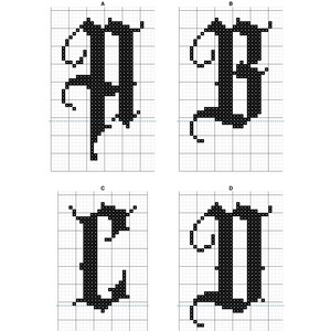 May include: A cross-stitch pattern featuring the letters A, B, C, and D in a black gothic font. Each letter is displayed on a white grid background, with the letters labeled A, B, C, and D at the top of their respective individual grid sections.