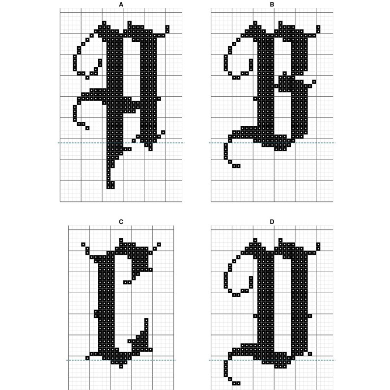 May include: A cross-stitch pattern featuring the letters A, B, C, and D in a black gothic font. Each letter is displayed on a white grid background, with the letters labeled A, B, C, and D at the top of their respective individual grid sections.