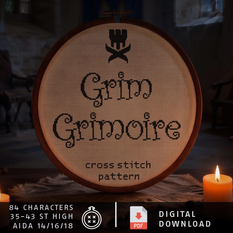 May include: A circular wooden embroidery hoop containing a cross-stitch pattern on white fabric. The design features a black icon above the text Grim Grimoire and the words cross stitch pattern. Text at the bottom specifies 84 characters.