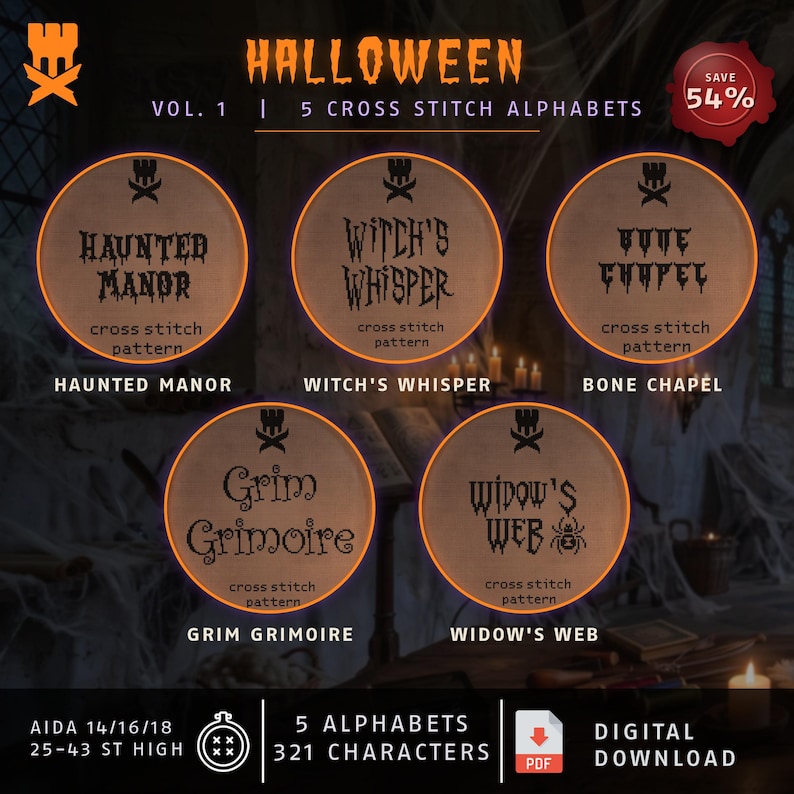 Puede incluir: Una descarga digital con cinco patrones de alfabeto de punto de cruz de Halloween titulados Haunted Manor, Witch's Whisper, Bone Chapel, Grim Grimoire y Widow's Web. La imagen muestra estos cinco dise&ntilde;os circulares con detalles para tela Aida 14/16/18 y 321 caracteres.