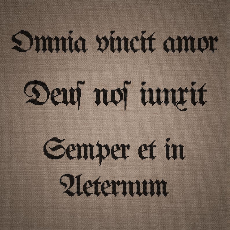 May include: A cross-stitch embroidery on a textured brown fabric background featuring the black stitched Latin phrases Omnia vincit amor, Deus nos iungit, and Semper et in Aeternum in a decorative gothic-style font with clear, dark lettering.