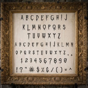 May include: A cross-stitch alphabet pattern on off-white fabric featuring black letters, numbers, and symbols with a dripping effect, displayed in an ornate, rectangular gold-colored frame with intricate relief carvings along the border.