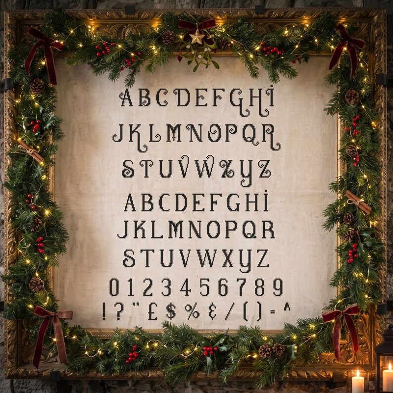 May include: A cross-stitch alphabet sampler on light fabric featuring two distinct black letter styles, numbers zero through nine, and various punctuation marks, framed by a decorative gold frame adorned with pine branches, red berries, and lights.