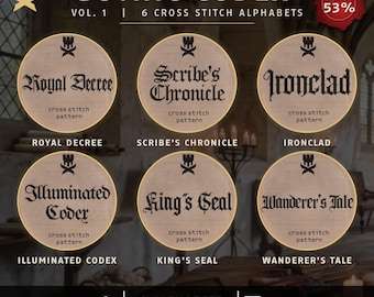 Op de afbeelding: Digitale download Gothic Codex Vol. 1 met zes kruissteek alfabetpatronen genaamd Royal Decree, Scribe's Chronicle, Ironclad, Illuminated Codex, King's Seal en Wanderer's Tale, ontworpen voor Aida 14/16/18 stof.