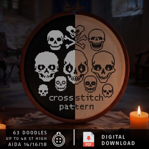 Può includere: Un telaio da ricamo circolare in legno contenente un motivo a punto croce di vari teschi e ossa incrociate. Il design è diviso tra uno sfondo nero con punti bianchi e uno sfondo bianco con punti neri. Il testo recita cross stitch pattern.