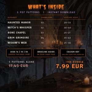 Puede incluir: Un gr&aacute;fico de informaci&oacute;n digital titulado WHAT'S INSIDE que enumera 5 patrones PDF: Haunted Manor, Witch's Whisper, Bone Chapel, Grim Grimoire y Widow's Web. Incluye recuento de caracteres, alturas de puntada, Aida 14, 16, 18 y una clave de color.