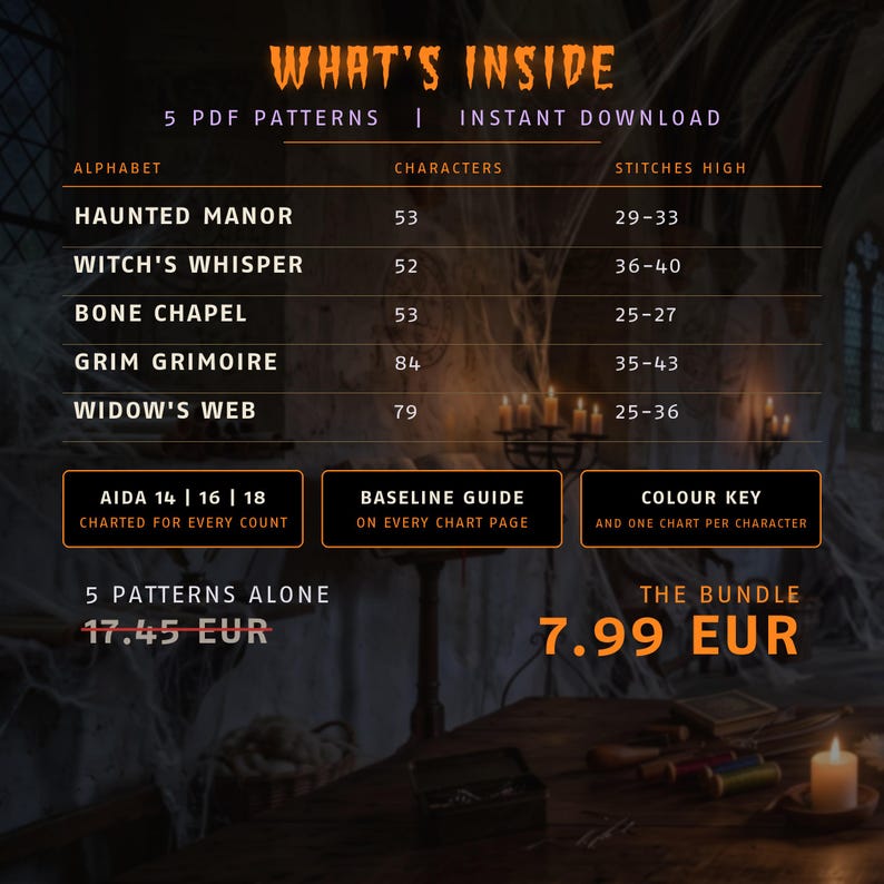 Puede incluir: Un gr&aacute;fico de informaci&oacute;n digital titulado WHAT'S INSIDE que enumera 5 patrones PDF: Haunted Manor, Witch's Whisper, Bone Chapel, Grim Grimoire y Widow's Web. Incluye recuento de caracteres, alturas de puntada, Aida 14, 16, 18 y una clave de color.
