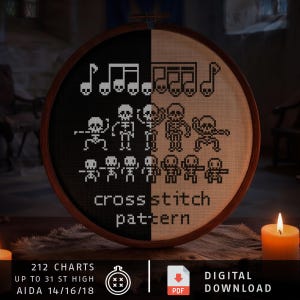 May include: A circular wooden embroidery hoop containing a cross stitch pattern featuring pixelated skeletons and musical notes. The design is split between black and white backgrounds. Text reads cross stitch pattern, 212 charts, up to 31 st high, aida 14/16/18, and digital download.
