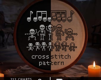 Op de afbeelding: Een ronde houten borduurring met een kruissteekpatroon van gepixelde skeletten en muzieknoten. Het ontwerp is verdeeld over een zwarte en witte achtergrond. De tekst luidt cross stitch pattern, 212 charts, up to 31 st high, aida 14/16/18 en digital download.