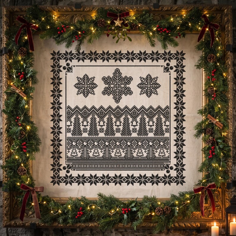 May include: A square cross-stitch embroidery on off-white fabric featuring black geometric snowflake patterns, rows of stylized pine trees, and small bird motifs, framed by a garland of evergreen branches, red berries, and warm fairy lights.
