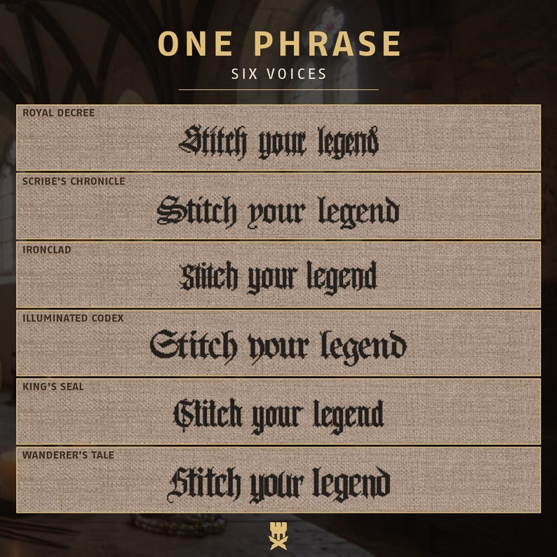 May include: A beige fabric display featuring the text ONE PHRASE SIX VOICES at the top, followed by six horizontal sections labeled ROYAL DECREE, SCRIBE'S CHRONICLE, IRONCLAD, ILLUMINATED CODEX, KING'S SEAL, and WANDERER'S TALE, each showing the text Stitch your legend.