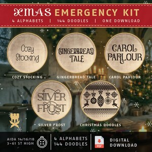 May include: A digital XMAS EMERGENCY KIT featuring 4 alphabets and 144 doodles. The image displays five circular samples with text reading Cozy Stocking, Gingerbread Tale, Carol Parlour, Silver Frost, and a pattern of Christmas Doodles.