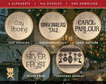 Kerst noodpakket, lastminute kruissteekcadeau, 4 alfabetten + 144 doodles PDF-patronen, direct te downloaden