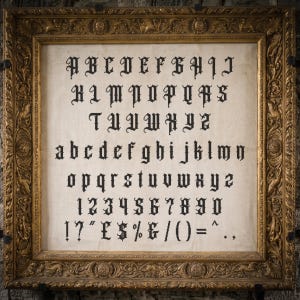 May include: A framed cross-stitch sampler featuring a black gothic-style alphabet, numbers, and punctuation marks embroidered on a light-colored fabric. The piece is enclosed in an ornate, rectangular gold-colored frame with intricate carvings.