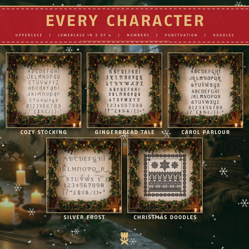 May include: A digital display featuring five distinct cross-stitch alphabet and pattern sets labeled Cozy Stocking, Gingerbread Tale, Carol Parlour, Silver Frost, and Christmas Doodles, each framed by a festive evergreen garland border.