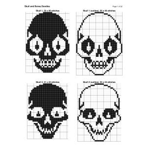 May include: A cross-stitch pattern sheet titled Skull and Bones Doodles, Page 1 of 32. It displays four black and white skull designs on a grid: Skull 1 (33 x 46 stitches), Skull 1 outline (35 x 48 stitches), Skull 2 (31 x 42 stitches), and Skull 2 outline (33 x 44 stitches).