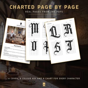 May include: Three white pages featuring black cross-stitch alphabet patterns on a grid. The first page shows a cover with the text Royal Decree and Crossed Realms. The other two pages display black gothic-style letters M, O, Q, R, S, and T.