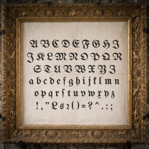 May include: A framed cross-stitch sampler on off-white fabric featuring the full alphabet in uppercase and lowercase letters, along with various punctuation marks in black thread, enclosed in an ornate, rectangular, antique gold-colored frame.