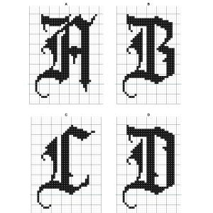 May include: A cross-stitch pattern featuring four black letters A, B, C, and D in an Old English gothic font. Each letter is displayed on a white grid background, with the letters labeled A, B, C, and D above their respective squares.