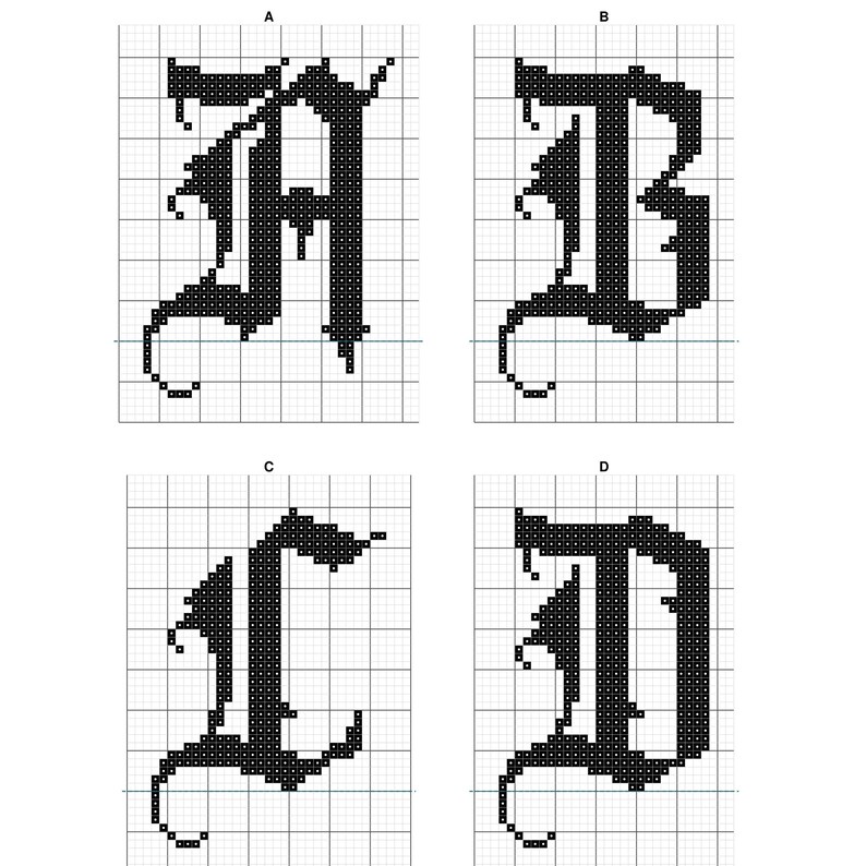 May include: A cross-stitch pattern featuring four black letters A, B, C, and D in an Old English gothic font. Each letter is displayed on a white grid background, with the letters labeled A, B, C, and D above their respective squares.