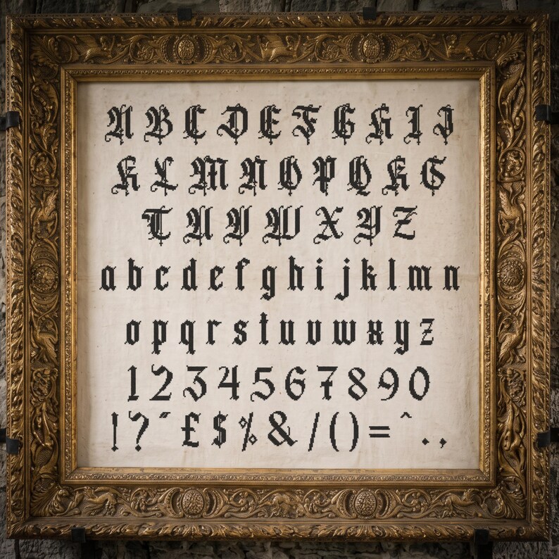 May include: A framed cross-stitch sampler featuring black gothic-style uppercase and lowercase letters, numbers zero through nine, and various punctuation marks including the pound and dollar signs, all set against a light cream-colored fabric background.