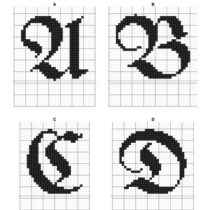 May include: A cross-stitch pattern featuring four black gothic-style letters labeled A, B, C, and D. Each letter is rendered in a pixelated black grid format on a white background, showcasing intricate, ornate calligraphy designs for embroidery.