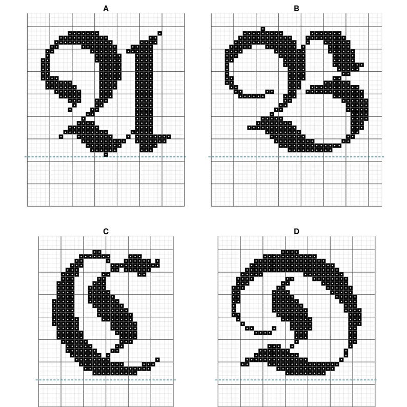 May include: A cross-stitch pattern featuring four black gothic-style letters labeled A, B, C, and D. Each letter is rendered in a pixelated black grid format on a white background, showcasing intricate, ornate calligraphy designs for embroidery.