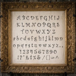 May include: A framed cross-stitch sampler on off-white fabric featuring a complete alphabet in uppercase and lowercase letters, numbers 0-9, and various punctuation marks and symbols, all rendered in a black, swirled, decorative font style.