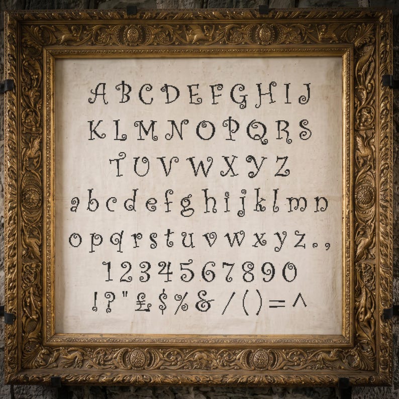 May include: A framed cross-stitch sampler on off-white fabric featuring a complete alphabet in uppercase and lowercase letters, numbers 0-9, and various punctuation marks and symbols, all rendered in a black, swirled, decorative font style.