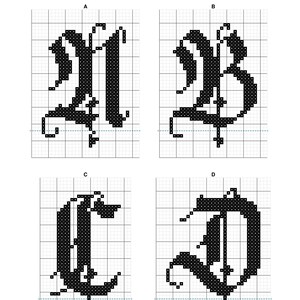 May include: A cross-stitch pattern featuring four black gothic-style letters labeled A, B, C, and D. Each letter is rendered in a pixelated grid format on a white background, showcasing intricate, ornate calligraphy designs for embroidery projects.