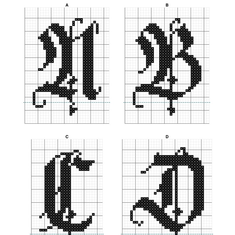 May include: A cross-stitch pattern featuring four black gothic-style letters labeled A, B, C, and D. Each letter is rendered in a pixelated grid format on a white background, showcasing intricate, ornate calligraphy designs for embroidery projects.