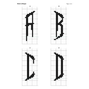 Puede incluir: Un documento de patr&oacute;n de punto de cruz titulado Witch's Whisper, Page 1 of 13, que muestra cuatro letras A, B, C y D pixeladas en negro dispuestas en una cuadr&iacute;cula. Cada letra est&aacute; compuesta por cuadrados negros individuales sobre un fondo blanco.
