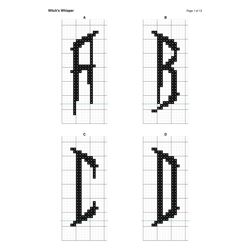 Puede incluir: Un documento de patr&oacute;n de punto de cruz titulado Witch's Whisper, Page 1 of 13, que muestra cuatro letras A, B, C y D pixeladas en negro dispuestas en una cuadr&iacute;cula. Cada letra est&aacute; compuesta por cuadrados negros individuales sobre un fondo blanco.