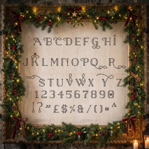 May include: A cross-stitch alphabet and number sampler on light fabric, framed in a gold ornate frame decorated with evergreen garland, red berries, pinecones, cinnamon sticks, velvet bows, and warm white fairy lights.