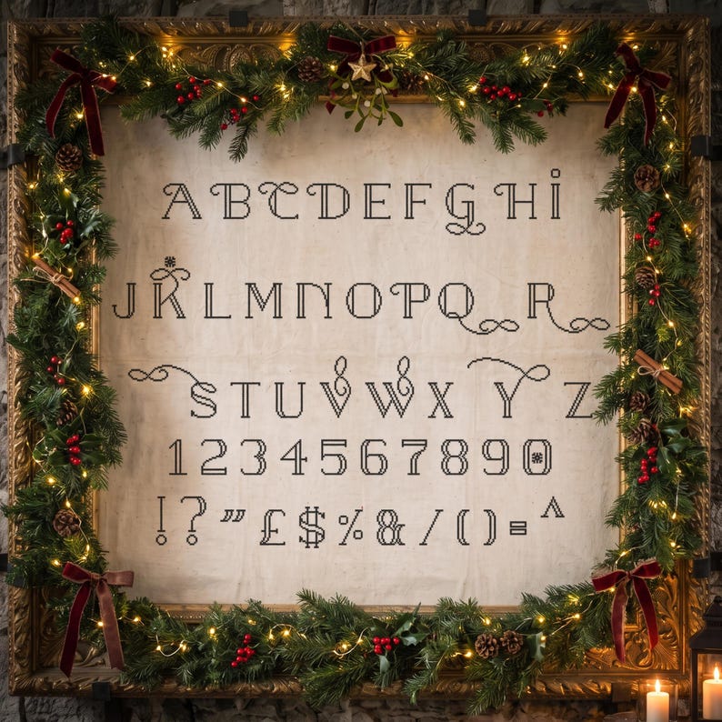 May include: A cross-stitch alphabet and number sampler on light fabric, framed in a gold ornate frame decorated with evergreen garland, red berries, pinecones, cinnamon sticks, velvet bows, and warm white fairy lights.