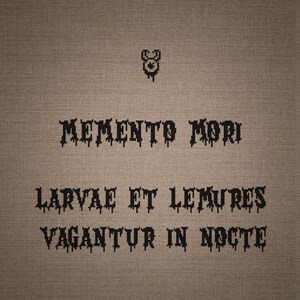 May include: A cross-stitch pattern on brown fabric featuring a small black eye symbol at the top and the text MEMENTO MORI, LARVAE ET LEMURES, VAGANTUR IN NOCTE in a black, dripping, pixelated font style centered on the material.