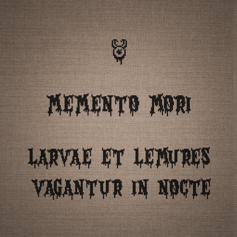 May include: A cross-stitch pattern on brown fabric featuring a small black eye symbol at the top and the text MEMENTO MORI, LARVAE ET LEMURES, VAGANTUR IN NOCTE in a black, dripping, pixelated font style centered on the material.