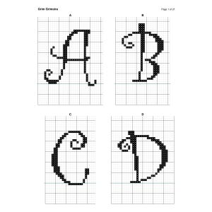 May include: A cross-stitch pattern sheet titled Grim Grimoire, Page 1 of 21, featuring four black pixelated letters A, B, C, and D arranged in a grid. Each letter is rendered in a decorative script style on a white grid background.